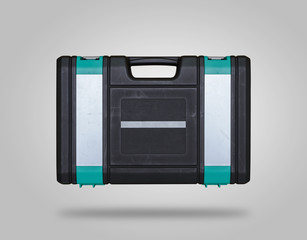 Closed scratched toolbox with shadow on gray background like icon