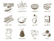 Set of monochrome cartoon soy food illustrations - soy milk, soy sauce, soy meat, tofu, miso and so on. Vector illustration, isolated on transparent background, eps 10.