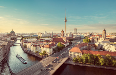 Wall Mural - Berlin skyline with Spree river at sunset with retro vintage filter effect, Germany