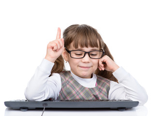 Fototapete - young girl with glasses and keyboard showing finger up. isolated