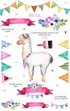 Happy Birthday Collection!Pattern With Individual Elements For Your Own Design:flowers,bunting Flags,cute Llama,bouquets,garlands,ribbons,Perfect For Birthday Cards,mother's Day,baby Cards,invitation