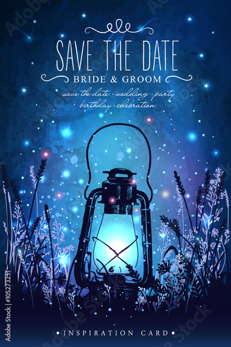 Fotografie, Obraz Amazing vintage lanten on grass with magical lights of fireflies at night sky background