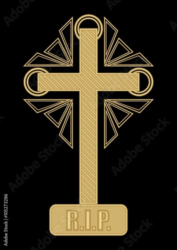 Modern Gold Decorated Funereal Motif With Cross R I P Inscription Symmetrical Cubist Design On Black Background Decoration For Dignified Christian Burial Stock Vector Adobe Stock