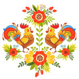 Folk ornament with flowers, traditional pattern. Vector illustration of bright and colorful roosters flower on a white background.