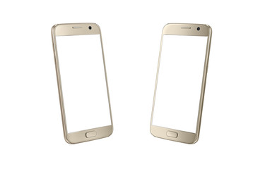 Poster - Golden modern smart phone isometric view. White screen for mockup, isolated, two side.