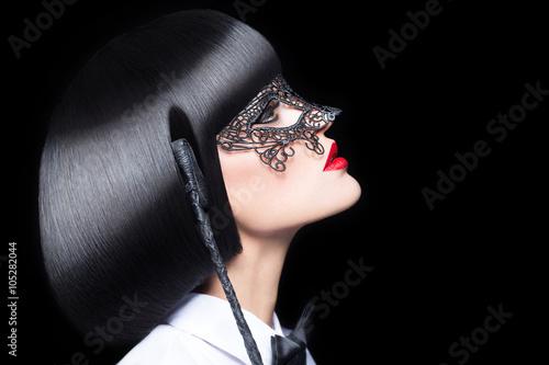 Sexy woman with red lips mask and whip bdsm Tableau sur Toile