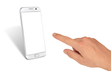 Poster - Man hand touching display of white isolated smart phone. White screen for mockup.