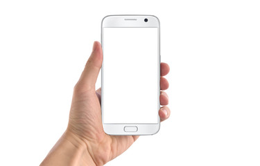 Poster - Modern white smart phone in man hand in horizontal position. White screen for mockup, isolated.