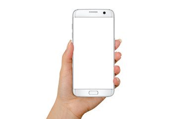 Poster - Modern white smart phone in woman hand in horizontal position. White screen for mockup, isolated.