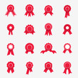 Collection of sixteen red rosette icons in flat style. Symbols of rewards, quality, warranty. Vector illustration