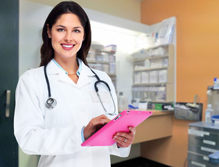 Sticker - Smiling medical doctor woman with stethoscope.