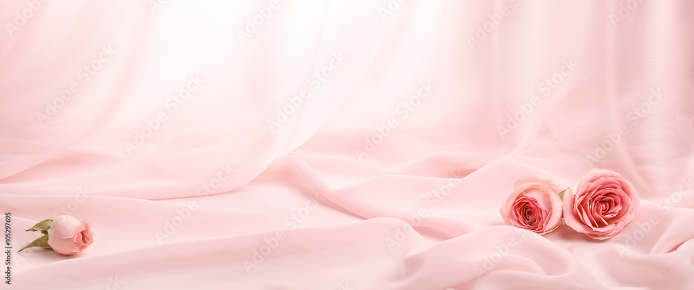 pink roses on soft silk - obrazy, fototapety, plakaty 