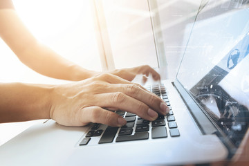 Poster - designer moving hands working with laptop computer and digital w