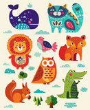 Perfect vector set of illustration in cartoon naive style with funny animals and birds.