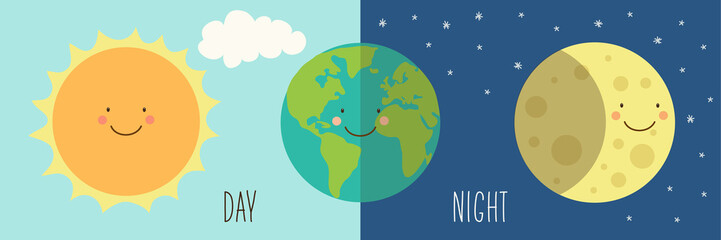 Cute smiling cartoon characters of Sun, Earth and Moon as Day and Night