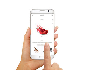 Wall Mural - Online shopping with smart phone. Isolated phone in woman hand. Buying women shoes on online store.