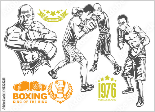 Dekoracja na wymiar  walka-miedzy-dwoma-bokserami-zestaw-monochromatycznych-ilustracji-plus-vintage-bokserskie-emblematy-etykiety