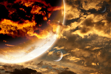 Wall Mural - sunset in storm sky and alien planet
