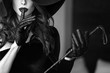 Sexy dominant woman in hat and whip showing no talk