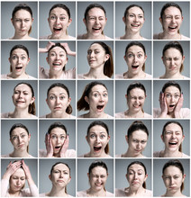 Set Of Young Woman's Portraits With Different Emotions