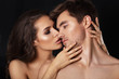 Kissing couple portrait.Sexy beauty couple.Portrait of happy loving couple.Pure passion.Sensual brunette woman in underwear with young lover, passionate couple foreplay closeup