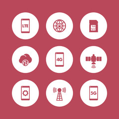 Wall Mural - wireless technology icons, 4g network pictogram, lte icon, mobile communication, connection signs, 4g, 5g mobile internet icon,