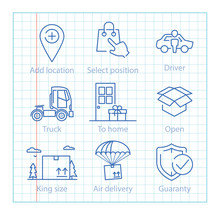 Vector Thin Line Icons Set For Logistics, Shipping And Delivery