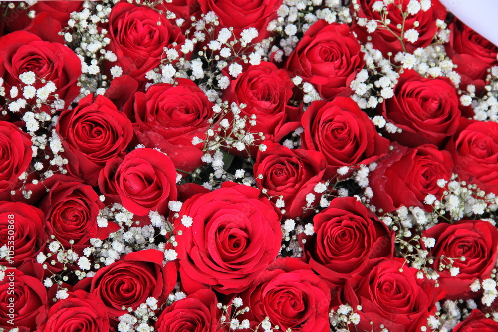 Rote Rosen mit Schleierkraut und Trauerflor Stock Photo
