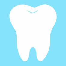 Cartoon Tooth, White On A Blue Background, Teeth Vector Icon Illustration, First Tooth, Dental Office Logo