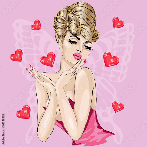 Fototapeta na wymiar Valentine Day Pin-up sexy woman portrait with hearts