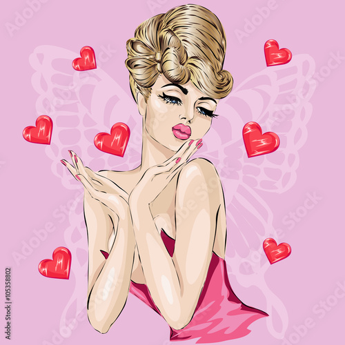 Fototapeta do kuchni Valentine Day Pin-up sexy woman portrait with hearts