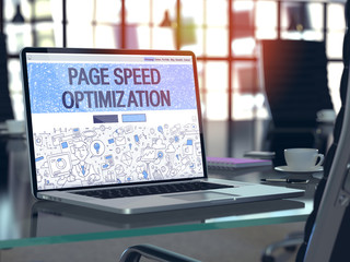 page speed optimization concept - closeup on landing page of laptop screen in modern office workplac