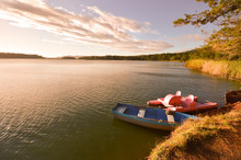 Boats At Sunset By The Bosque Azul Lake In The Lagunas De Montebello National Park Chiapas, Mexico