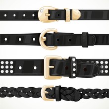 Set Of Black Buttoned To Buckle Belts Isolated On White Backgrou