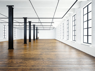 Wall Mural - Photo of empty museum interior in modern building.Open space loft. Empty white walls. Wood floor, black beams,big windows. Horizontal, blank mockup. 3d rendering