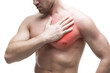 © staras - Heart attack. Young muscular man with chest pain isolated on white background