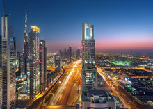 Dubai Sheikh Zayed Road By Sunset With Heavy Traffic Streets