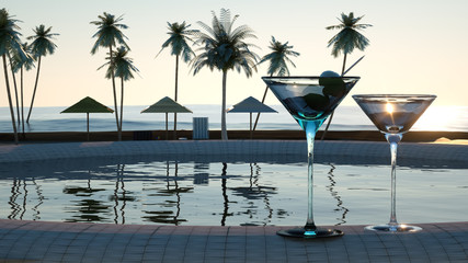 Two glass of Martini against the setting sun, the 3D render