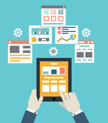 Flat vector illustration of mobile application optimization, programming, design and analytics