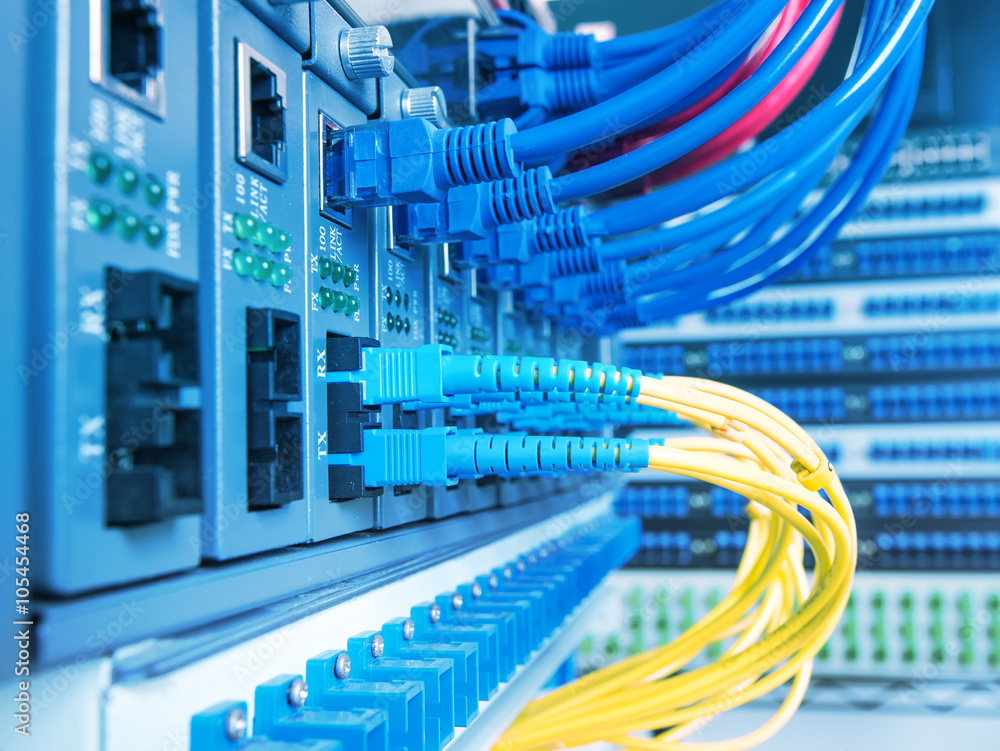 Fiber Optic cables connected to an optic ports and Network cable Stock ...