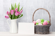 Easter Eggs, Greeting Card And Pink Tulips