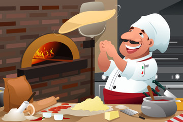 Canvas Print - Pizza Chef Makes Pizza Dough