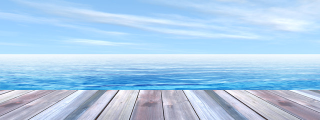 Conceptual wood deck over sea and sky banner