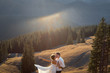 Lovely wedding couple kissing. Beautiful mountain landscape on background