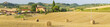 panorama with farm and wheat field in summer in Italy