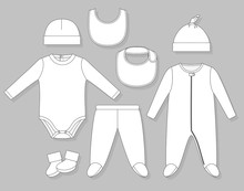 Baby Boy Clothes Set Flat Sketch Isolated On Grey Background