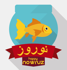 Wall Mural - Goldfish in a Bowl with Greeting Ribbons for Nowruz, Vector Illustration