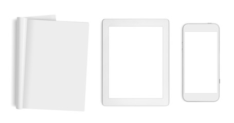 Blank pages, tablet computer and mobile phone isolated on white