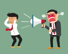 Angry Boss Shouting At Employee On Megaphone Vector Illustration