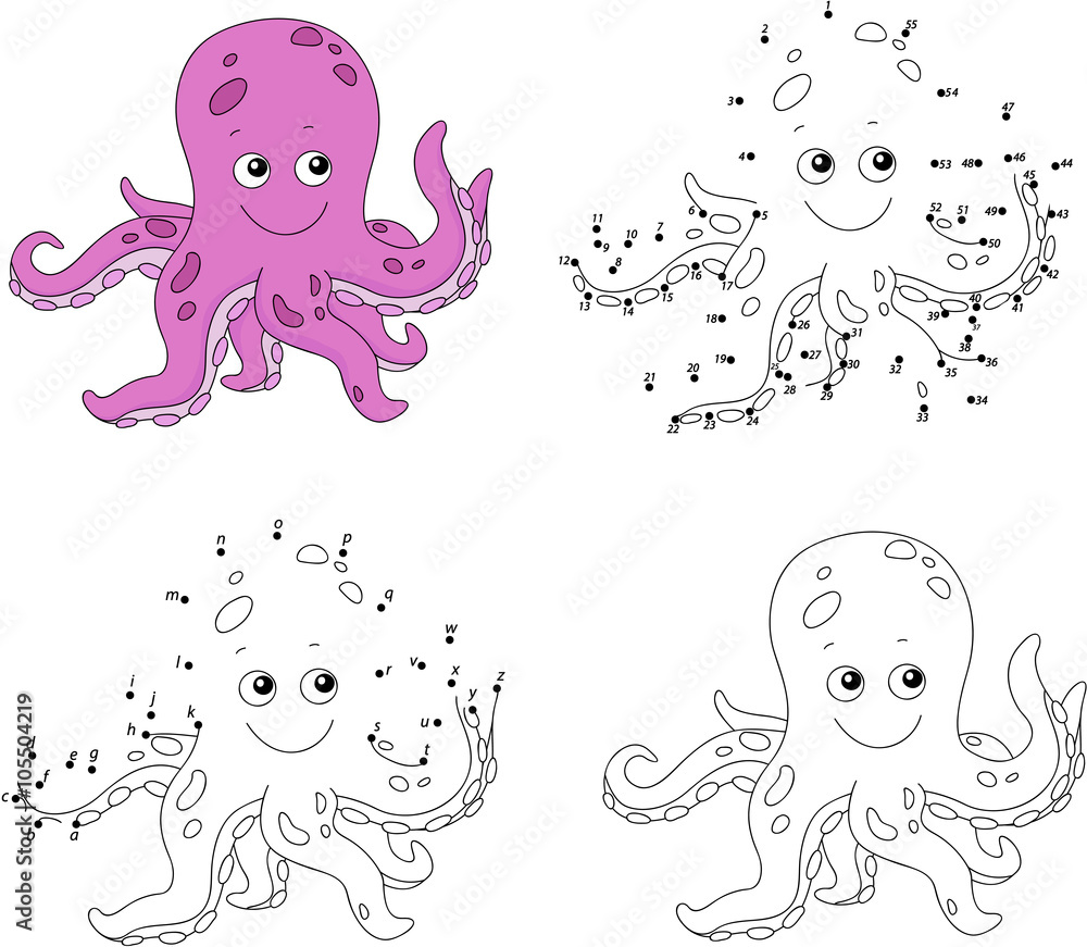 Cartoon Octopus Coloring Book And Dot To Dot Game For Kids Kolorowanki Naklejki Ecowall24 Pl